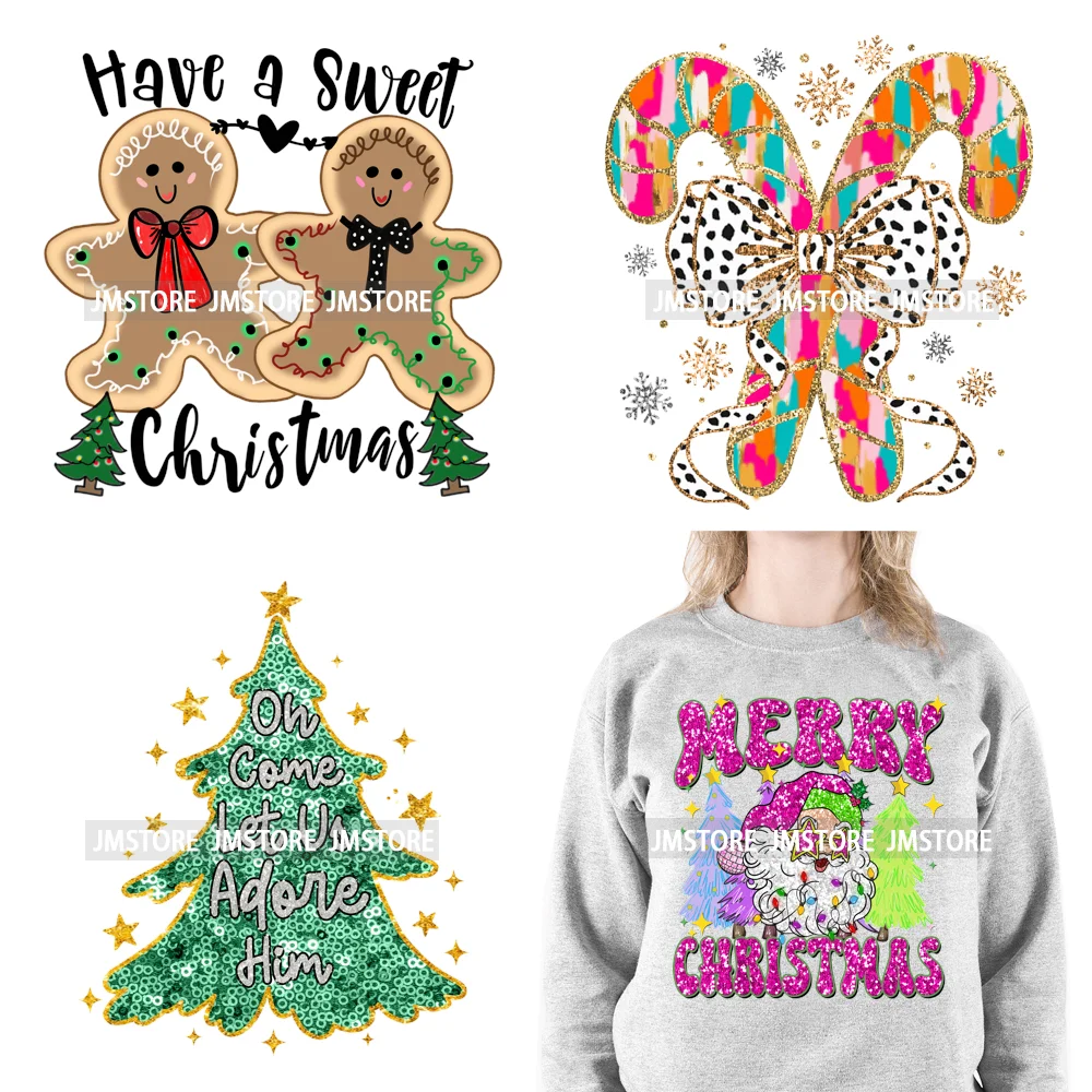 Faux Sequins Glitter Merry Christmas Santa Tree Gingerbread Deer Season Designs Iron On DTF Heat Transfers Stickers For T-shirts