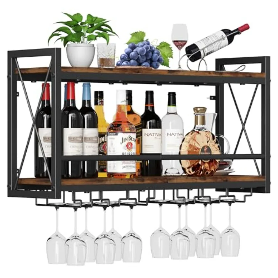 Wall Mounted Wine Rack for Kitchen Dining Room Home Bar: Wood-Metal Retro Bottle Glass Holder in Warm Brown, Space-Saving Displ