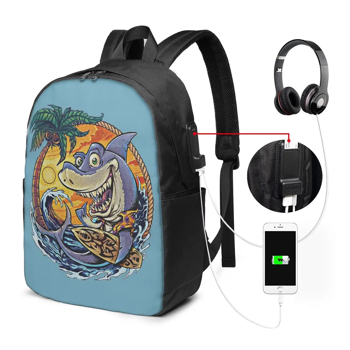 Hand Drawn Stylized Shark Cartoon Backpack Travel Notebook Bag Computer College Student School Bag Laptop Shoulder Bags