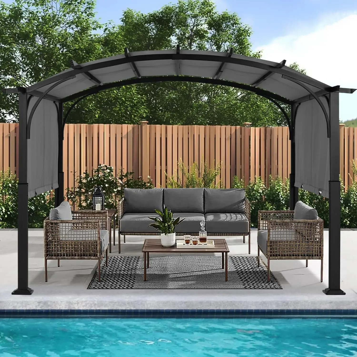 

Outdoor Pergola 10'x10', Arched Patio Gazebo with Retractable Sun Shade, Dary Gray
