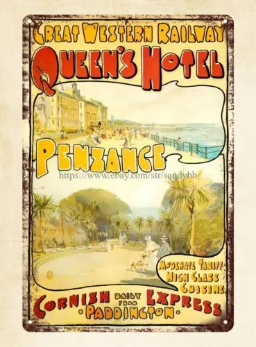 Great Western Railway Cornish Express Queen's Hotel Penzance tin sign artwall