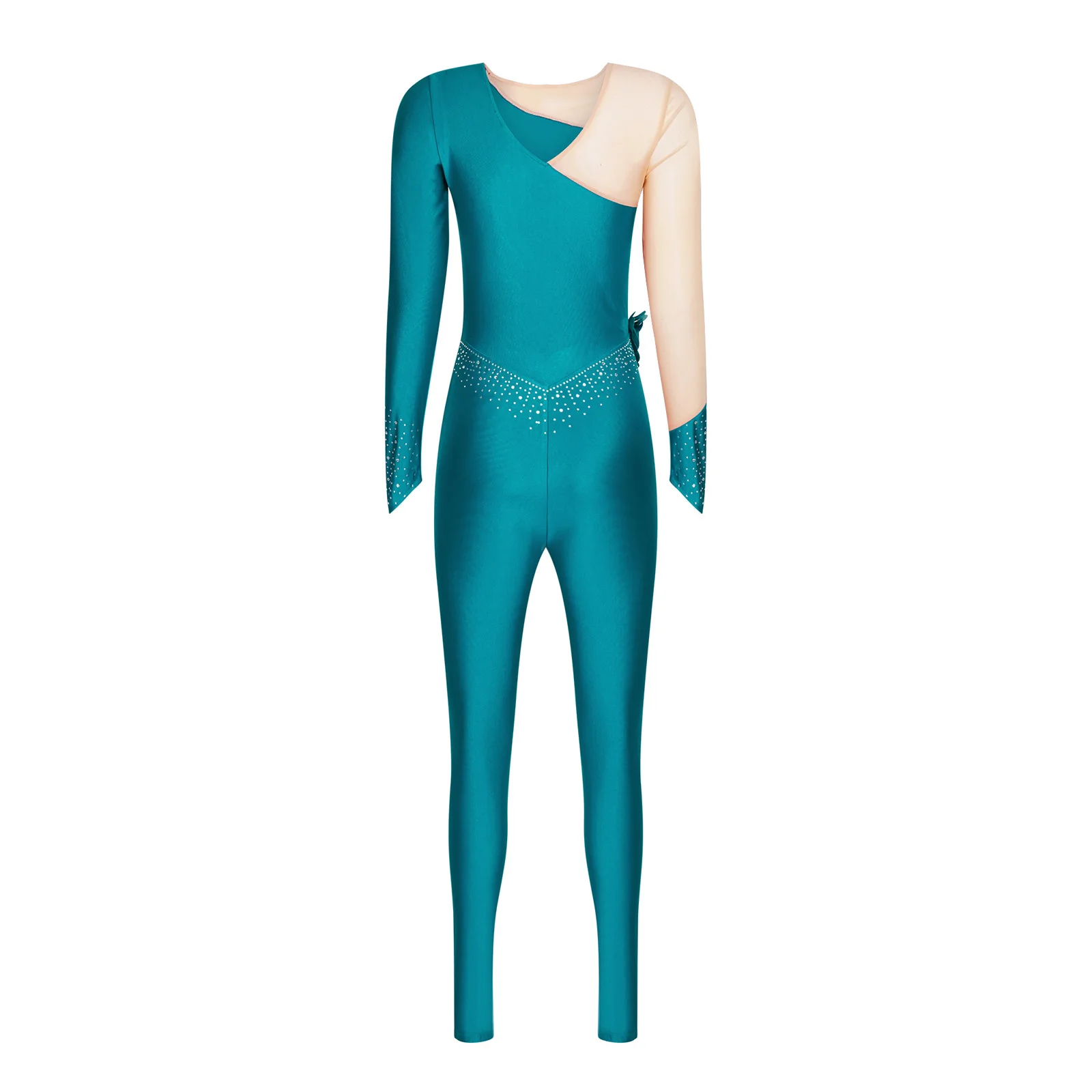Tuta da ginnastica da pattinaggio di figura da donna Fiore 3D Strass Metallico Colore a contrasto Manica lunga Pagliaccetti slim Tuta da ballo