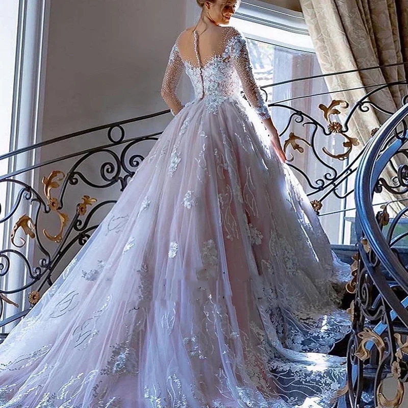 Flavinke Customized Luxury Exquisite Wedding Dresses Lace Princess Ball Gown Full Sleeve O-Neck Bride Button Vestido De Novia