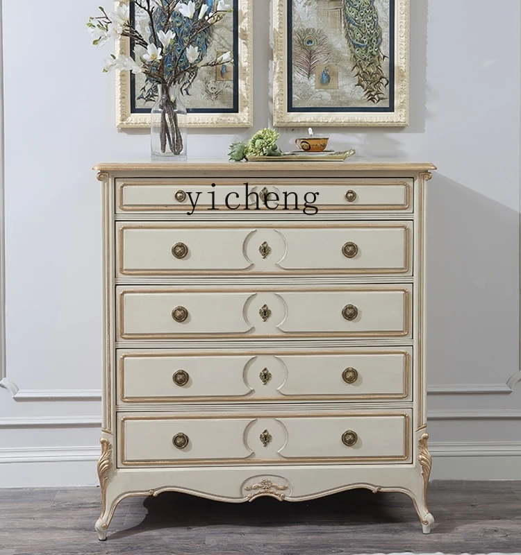 ZC Solid Wood Retro Storage Cabinet Living Room Bedroom Carved Cream White Distressed Chest of Drawer