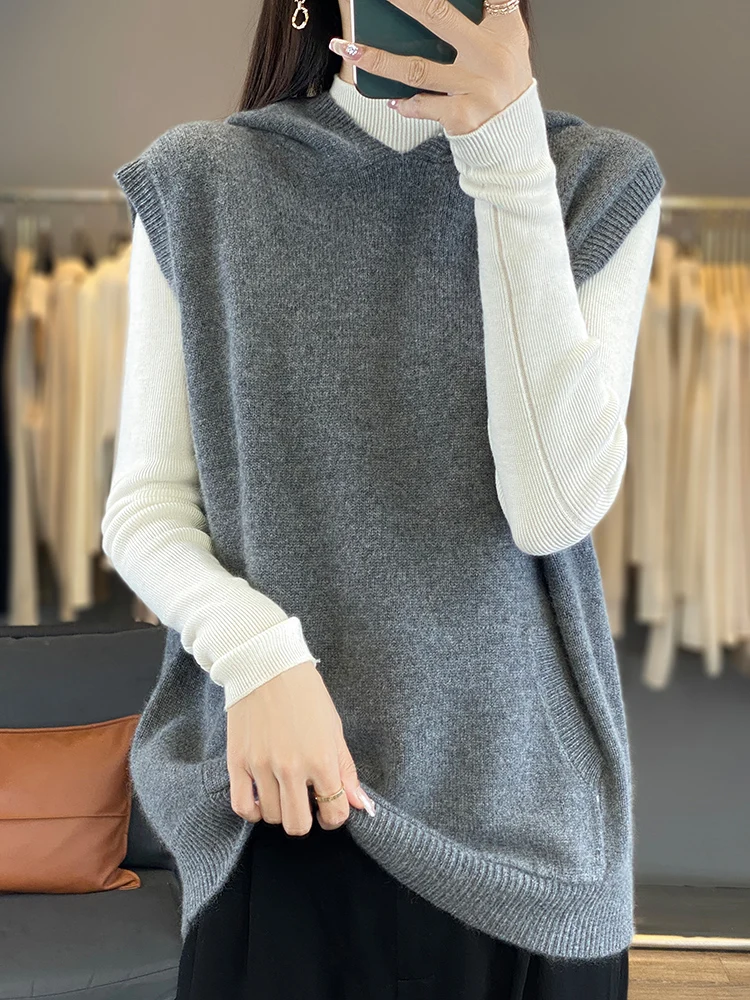 

New Fashion 2024 Autumn Winter Women Vest 100% Merino Wool Sweater Hooded Casual Knitted Pullover Sleeveless Cashmere Jumper