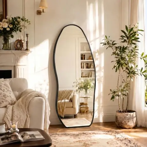 Irregular Full Length Mirror -Black Decor Floor Mirror with Stand 63