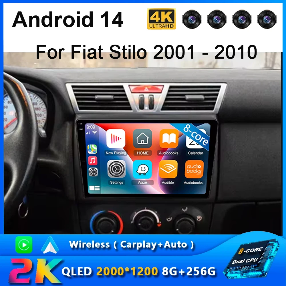 For Fiat Stilo 2001 - 2010 2K QLED Android 14 Car Radio Multimedia Video Player GPS AI Voice CarPlay 4G Stereo Head Unit