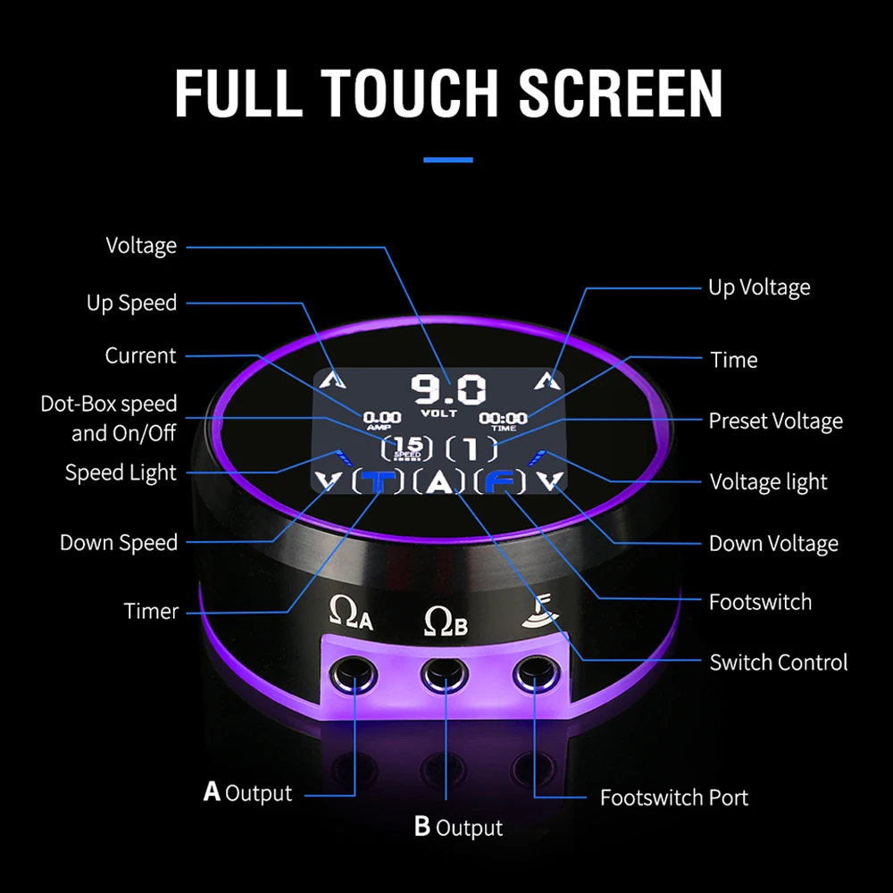 2023 New Aurora 3/2 LCD Tattoo Power Supply Portable Tattoo Power Battery Full Touch Screen Aurora Source With US/EU Adapter Kit