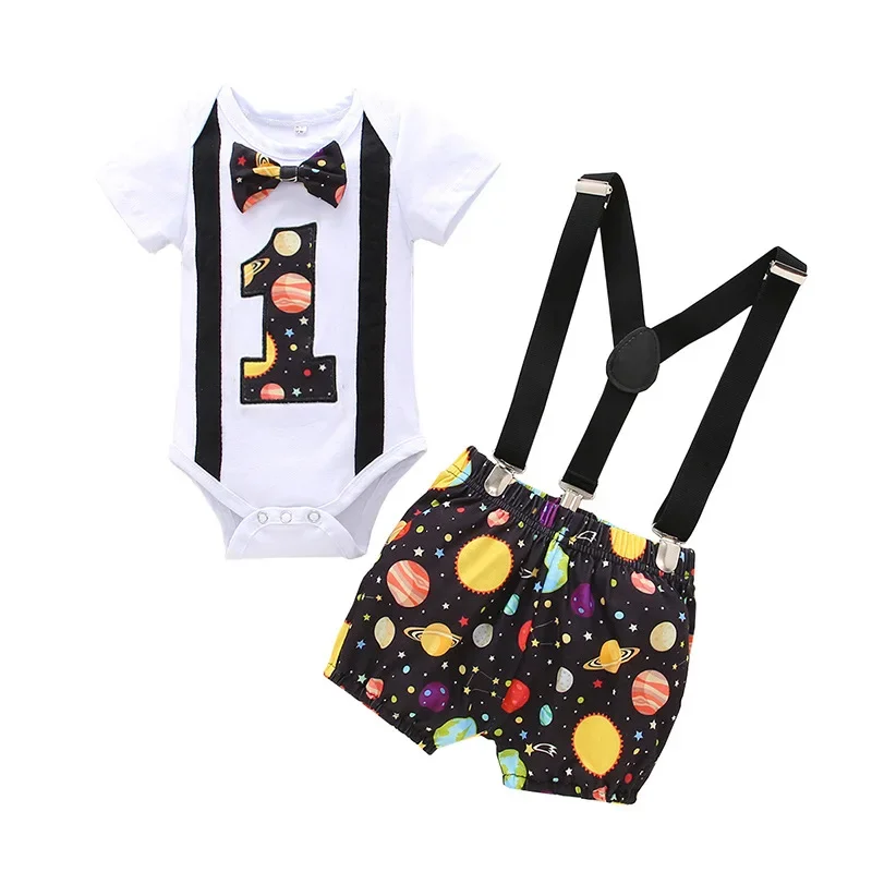 1 Year Baby Boys Clothes Infant Baby Boy Cartoon Dot Print Romper Suspender Shorts Birthday Toddler Photography Outfits