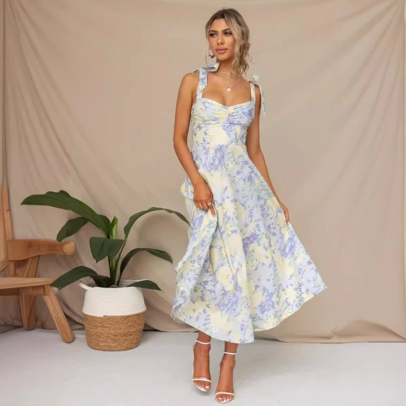 Robe longue à imprimé floral vert pour femmes, grande taille, col en V, style bohème décontracté, tenue de plage et de soirée, printemps été, 2024