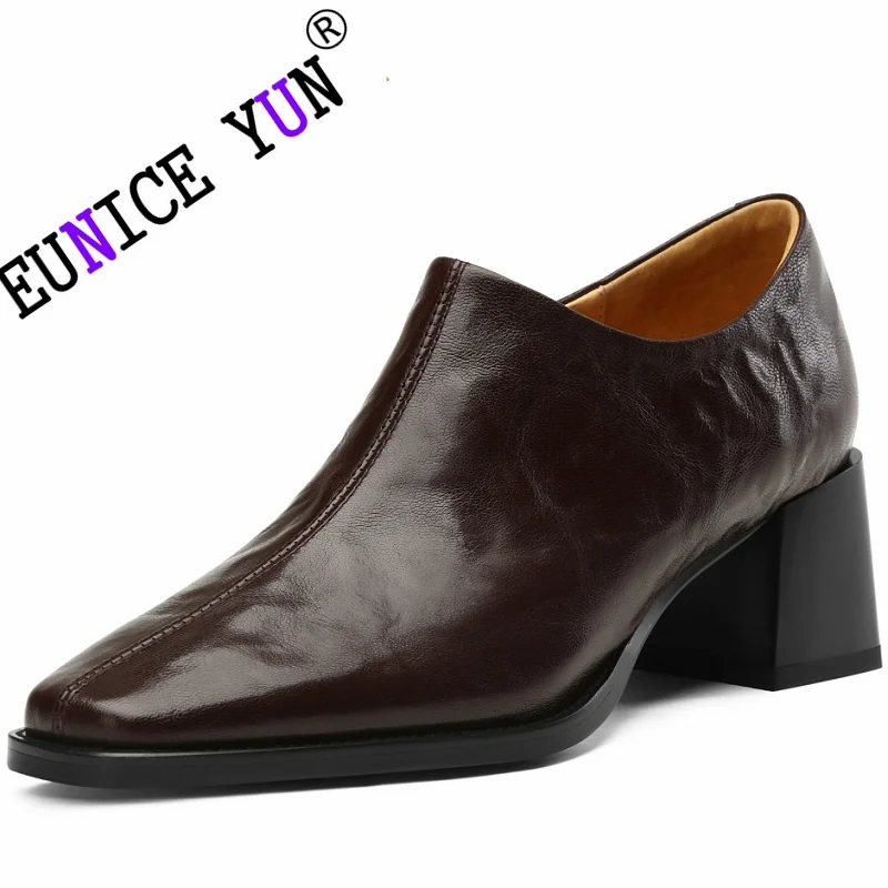 【EUNICE YUN】Spring Shoes Square Toe Chunky High Heels Women Pumps Shoes for Genuine Leather Loafers Shoes 34-40