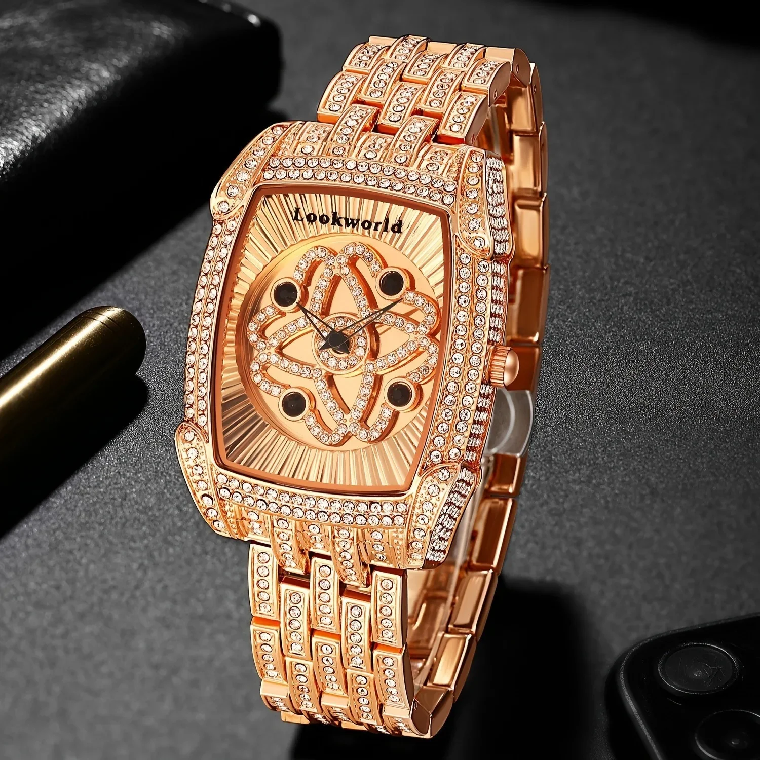 Hip-Hop Large Dial Rhinestone Quartz Watch, Tonneau Shaped Case Design,Rotating Dial, Women and Men