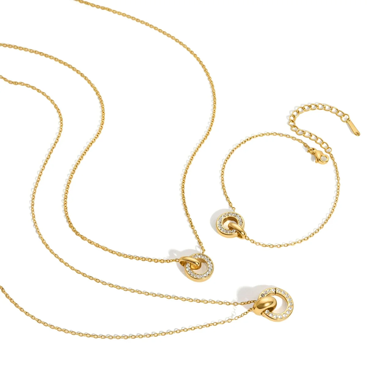 

Delicate Zircon Circle Pendant Necklace Bracelet For Women 18K Gold PVD Plated Stainless Steel Necklace Bracelet Set
