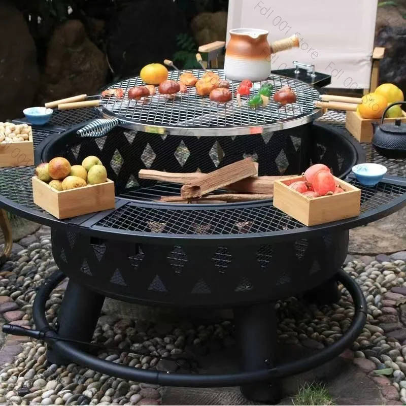Round Outdoor Fire Pit BBQ Grill  Patio Heating Stove Charcoal Fire Bowl for Courtyard Camping