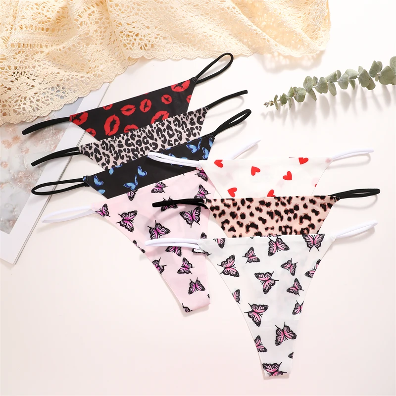 FINETOO 3Pcs Seamless Silk G String Leopard Women Panties Flower Bikini Sexy Thongs Female Comfortable Low-waist Lingerie XS-XL