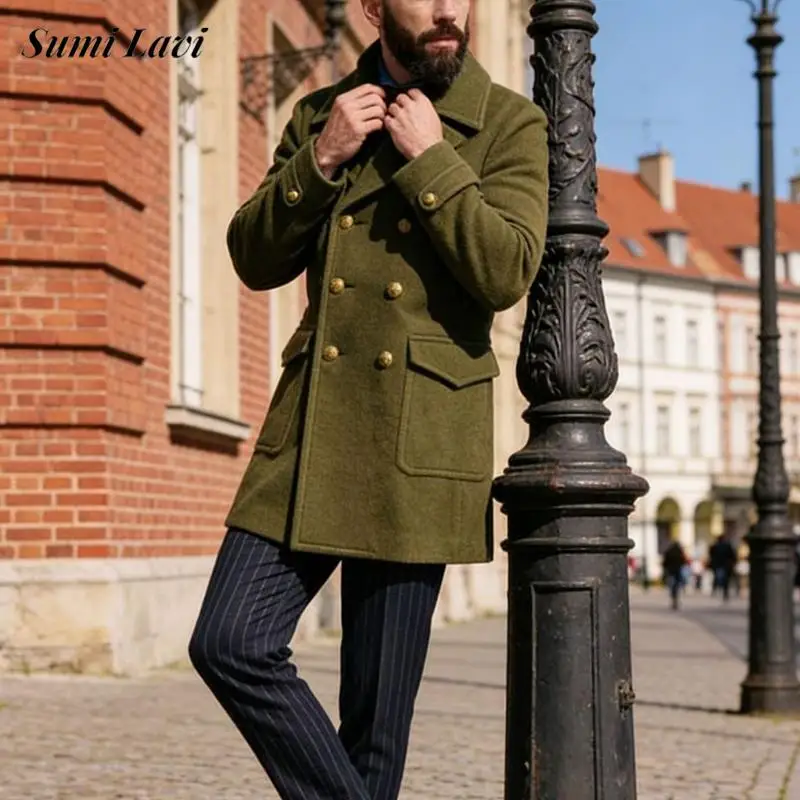 

Classic Navy Pea Coat Men Vintage Double-breasted Lapel Mid Jacket Coats Autumn Winter Fashionable Solid Color Woolen Outerwear