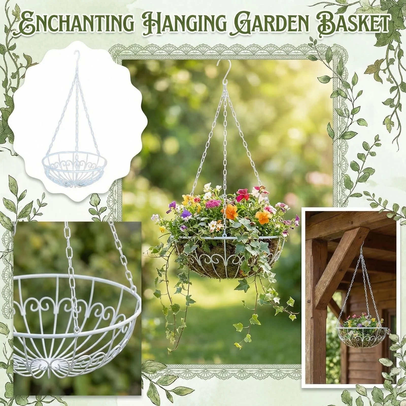 

Кованая подвесная корзина для сада в пасторальном стиле, кашпо для цветов, для патио, балкона, улицы, с цепью, держатель для растений