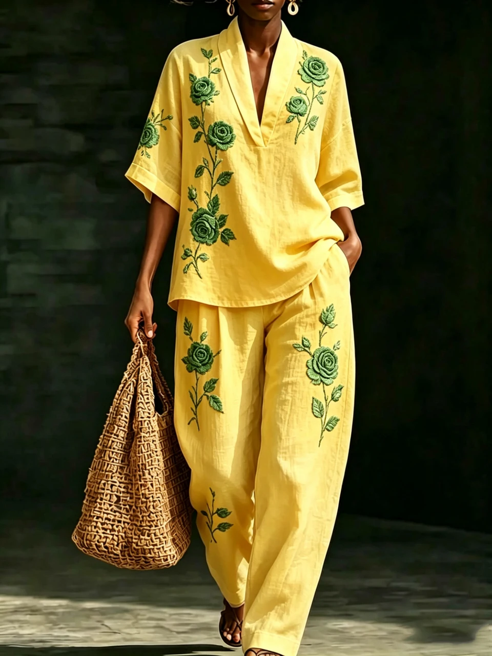 

Summer Flower Print 2 Piece Set Women Short Sleeve V Neck Top & Wide Leg Pants Casual Loose Suit Fashion Suit Female Outfits