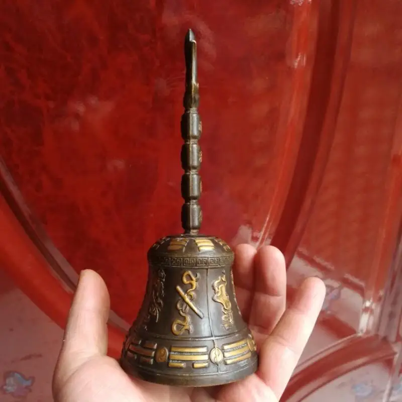 Brass Sanqing Hand Bell Trident Top Ritual Hand-Shaken Bell Taoist Ceremony Instrument Home Altar Decor Ornament