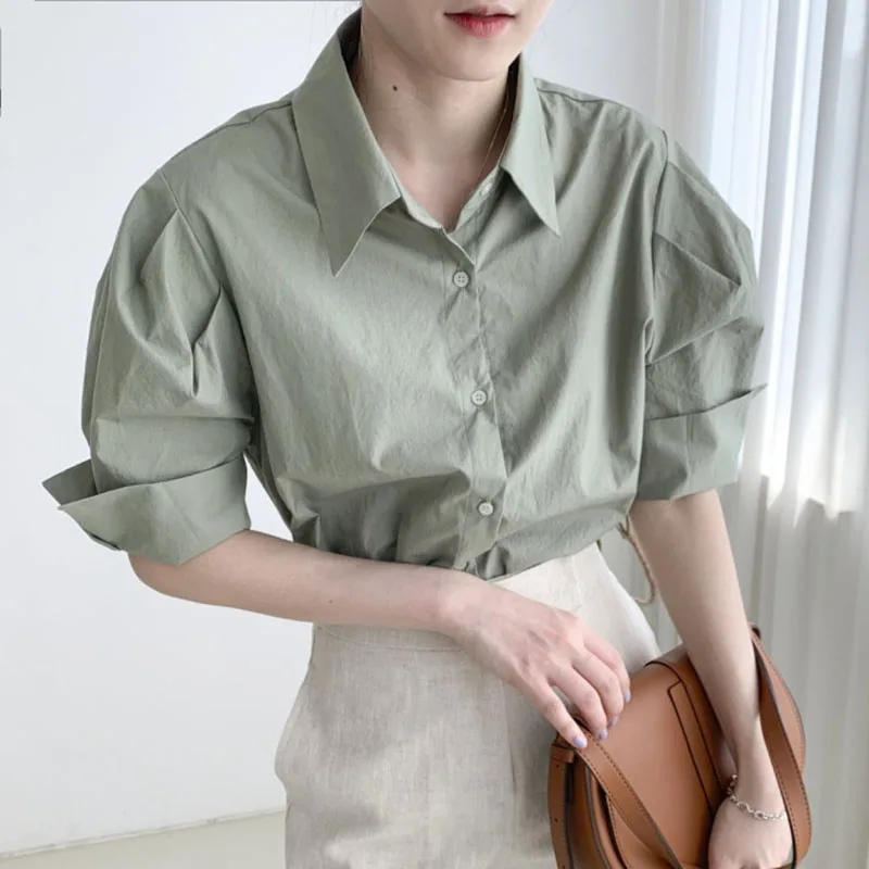 2025 Summer Korean Woman Clothing White Basic Shirts For Women Short Sleeve Turn Down Collar Blouses Casual Button Tops Mujer