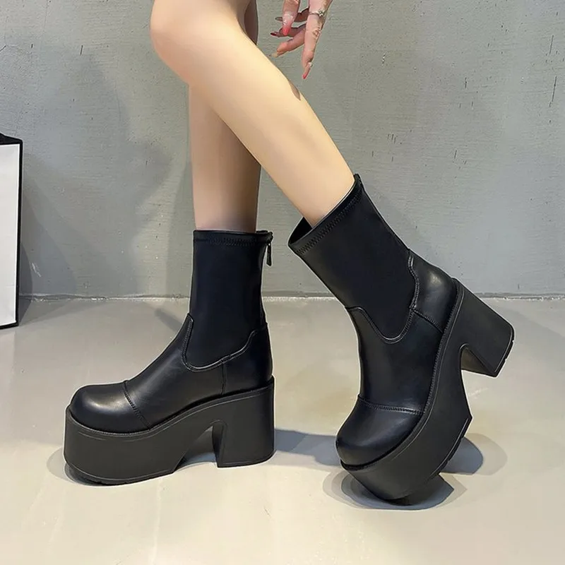 جديد 9 سنتيمتر أسافين النساء أحذية عالية الكعب الكاحل الثلوج منصة أحذية الشتاء 2025 ماركة الجلود تشيلسي الأحذية أنيقة القوطي بوتاس Mujer