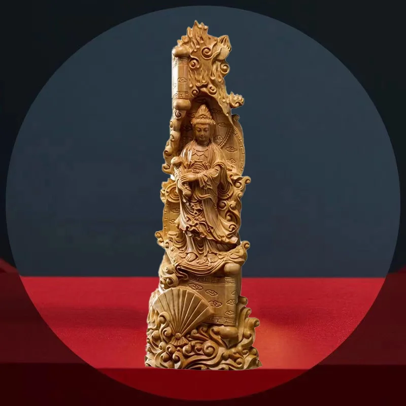 Natural Cypress Ruyi Guanyin Bodhisattva Statue, Chinese Buddha Statues, Solid Wood Carving, Home and Office, Feng Shui Statue