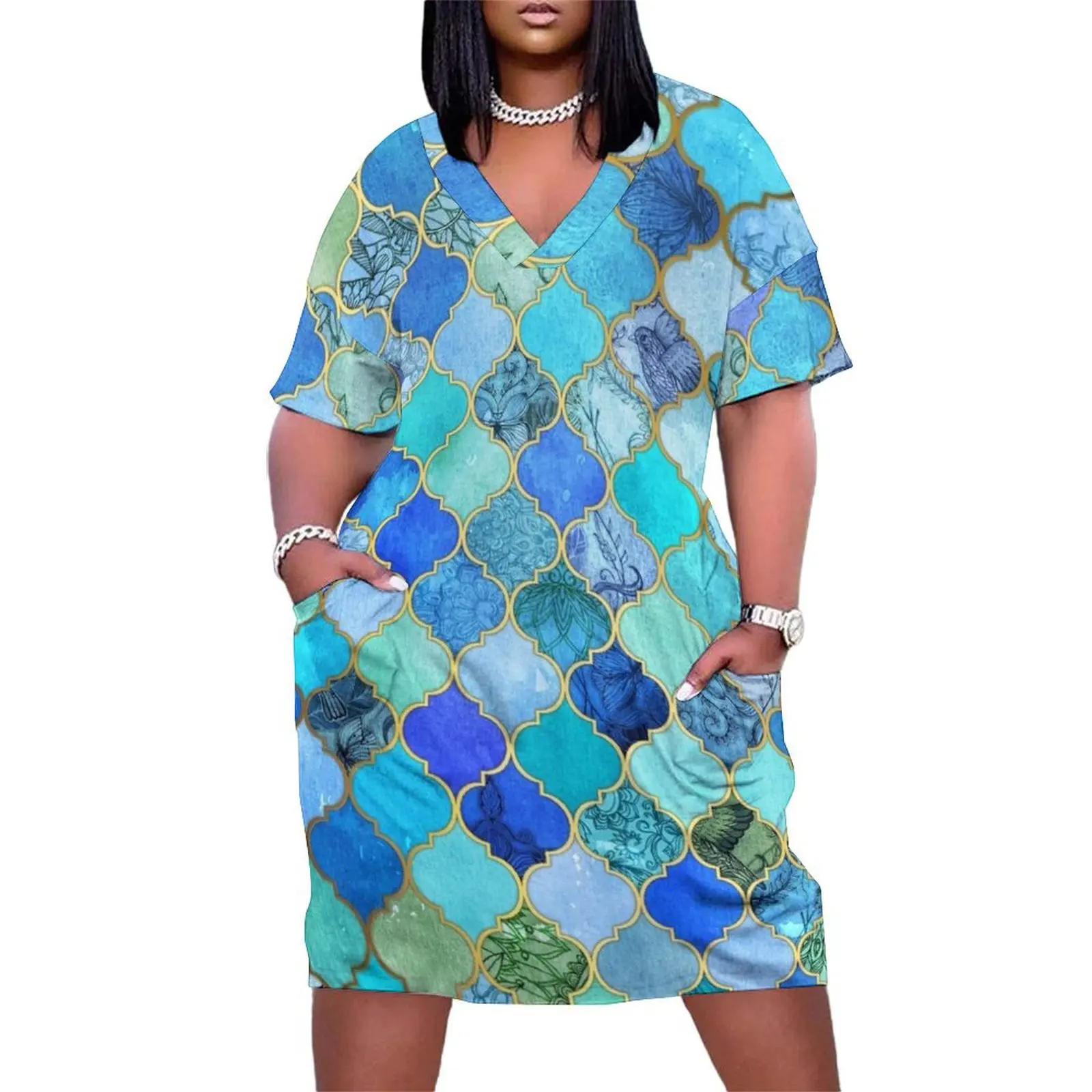 

Cobalt Blue, Aqua & Gold Decorative Moroccan Tile Pattern Loose Pocket Dress summer dresses womens 2025 women evening dress