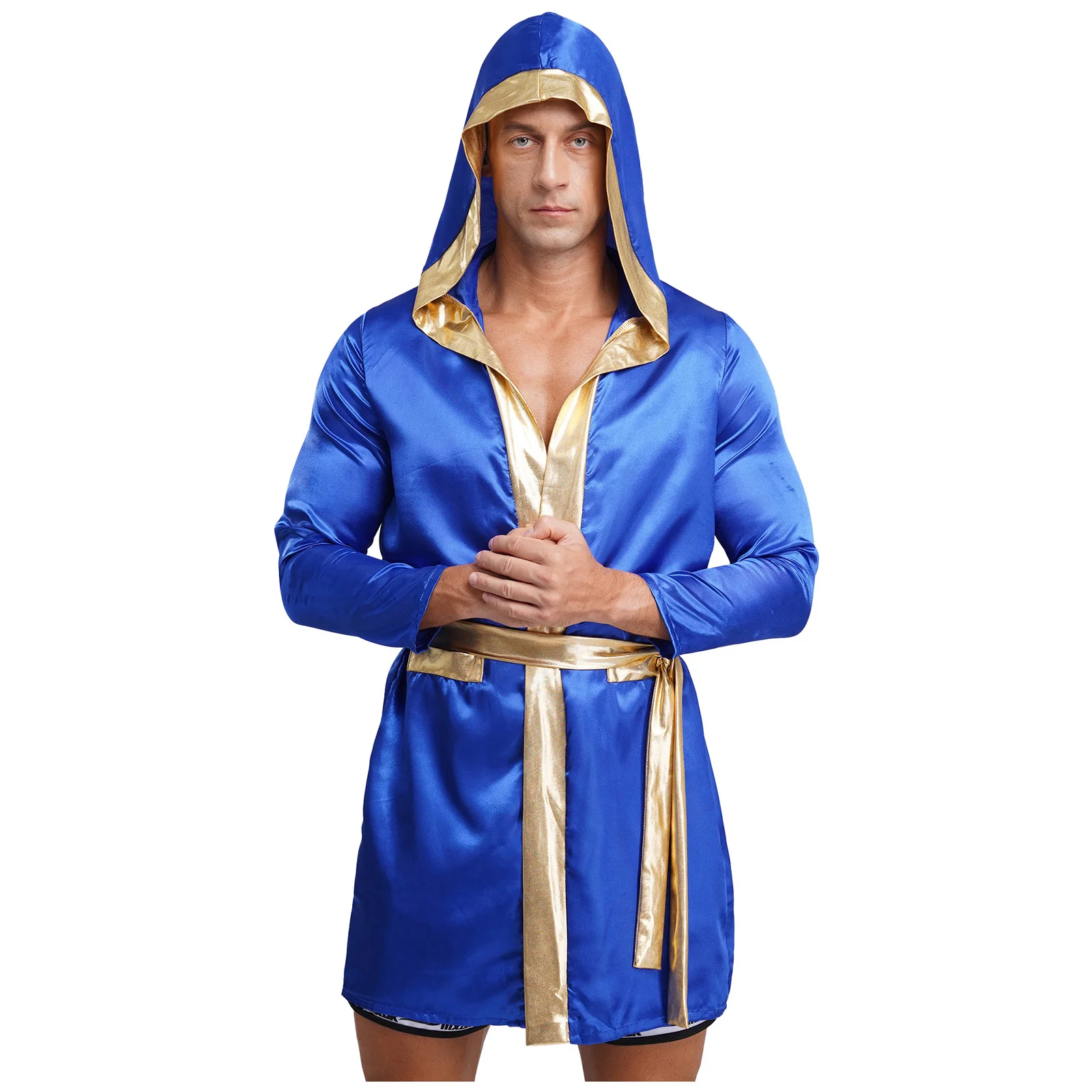 

Men Long Sleeve Shiny Satiny Hooded Cloak with Belt for Boxer Boxing Competition Robe Jackets Party Halloween Cosplay Costume