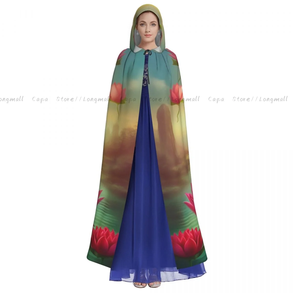 Adult Vampire Cape Hooded Robe Goddess Laxmi With Divine Aura And Seated On Lotus Flower Halloween Cloak Full Length Cosplay