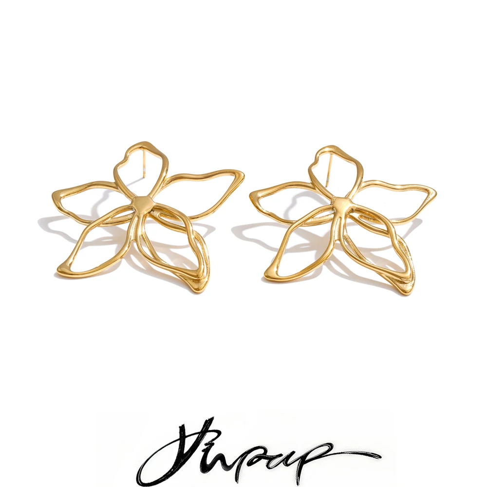 Yhpup Stainless Steel Metal Hollow Flower Stud Earrings Hot Style Daily Minimalist Trendy Jewelry Waterproof