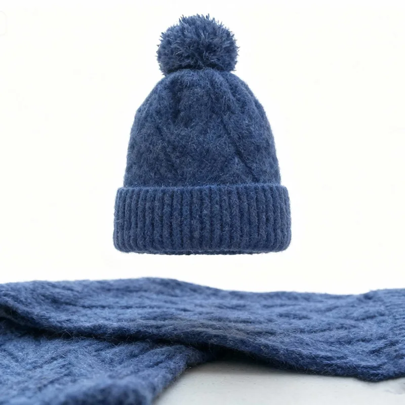 Conjunto de duas peças de cachecol de chapéu de malha, inverno com chapéu de lã de mistura de lã grossa e quente, proteção para os ouvidos, versátil e rosto pequeno