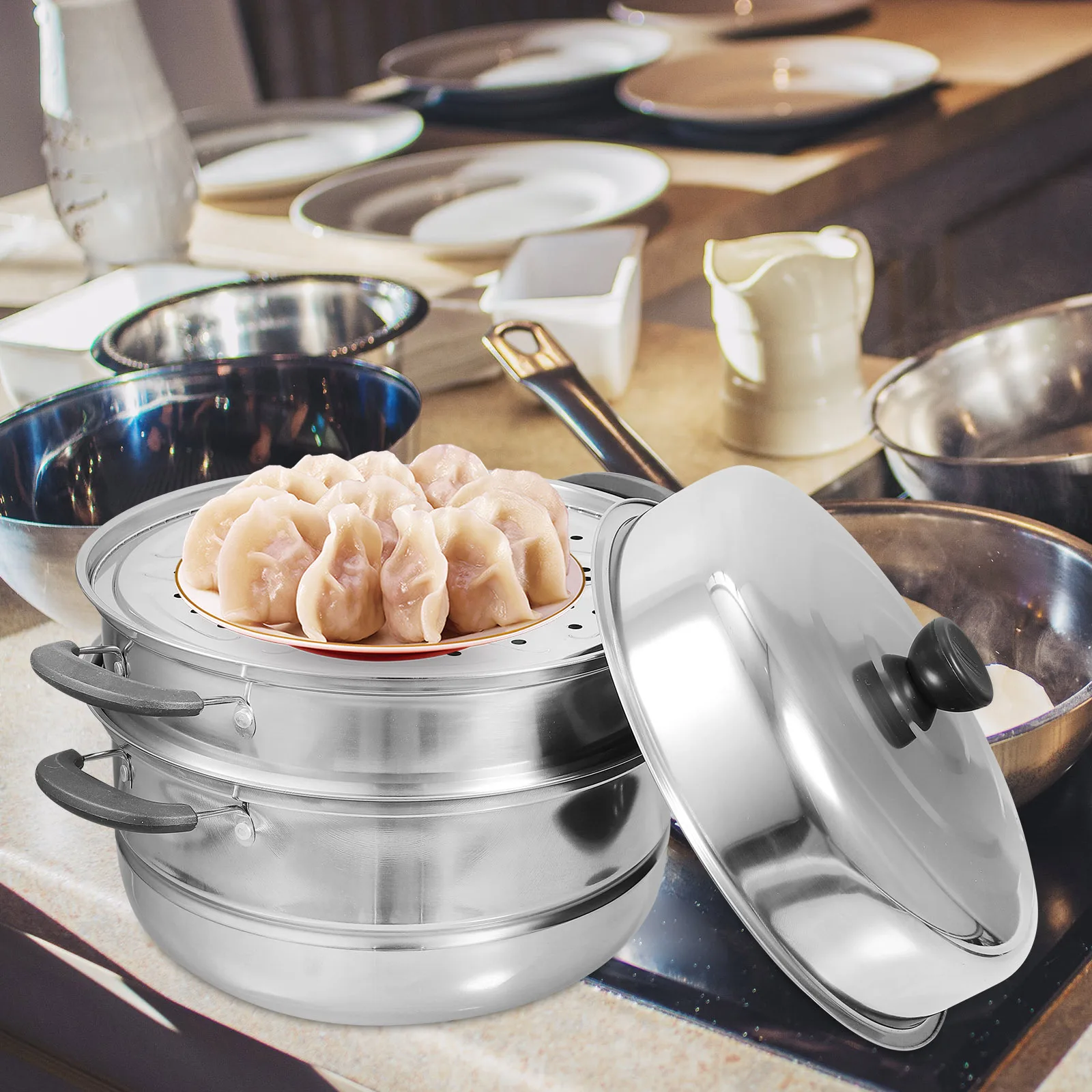 

Stainless Steel Pot Large Capacity Steaming Pot Kitchen Tool Vegetable Buns Dumplings Steam Basket Plastic Handles