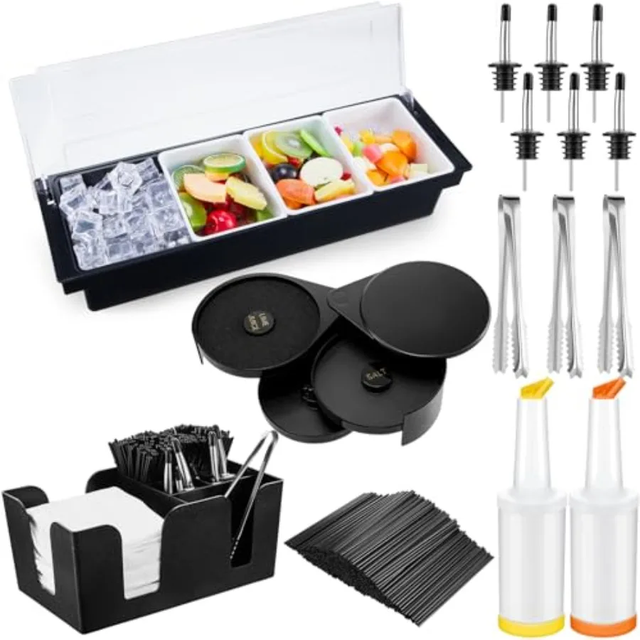 

Bartending Supplies Garnish Tray with Lid Bar Caddy 3 Tier Glass Rimmer 12 Stainless Steel Bottle Pourers 2 Juice Pour Bottle 1
