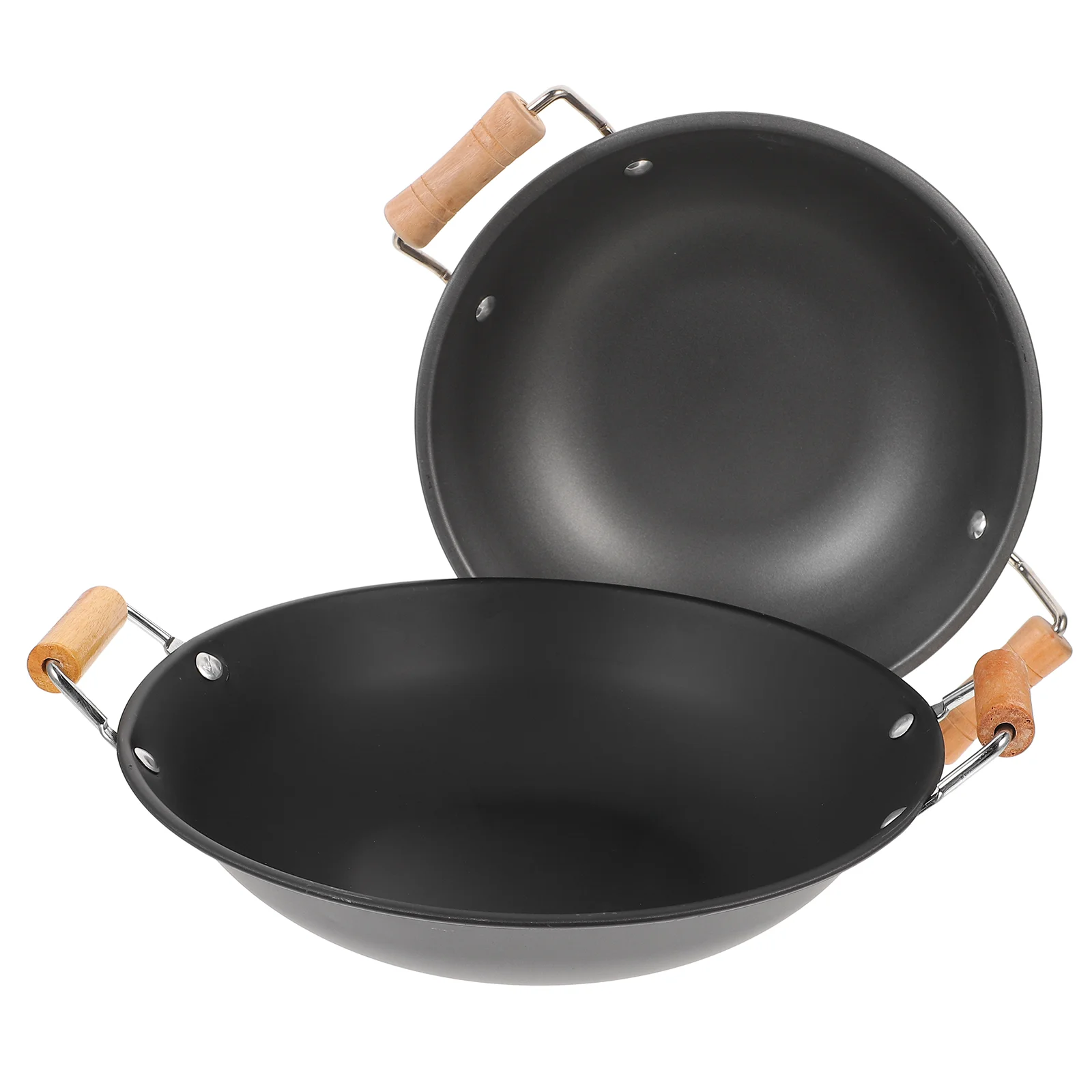 

2 Pcs Stainless Steel Griddle Kitchen Hot Pot Frying Pans Dry Nonstick with Lid Thickened Wooden Handle Small Wok Supply