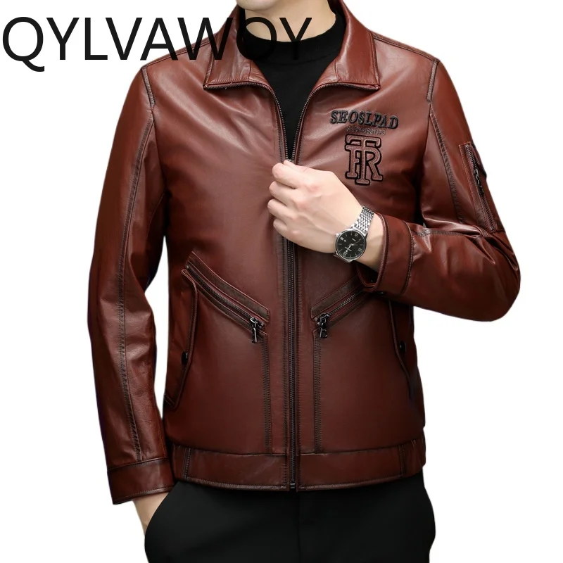 QYLVAWOY 100% Genuine Leather Jacket Men Fashion Real Cow Leather Coat Man Turn-down Collar Motorcycle Man Jacket Original 2026