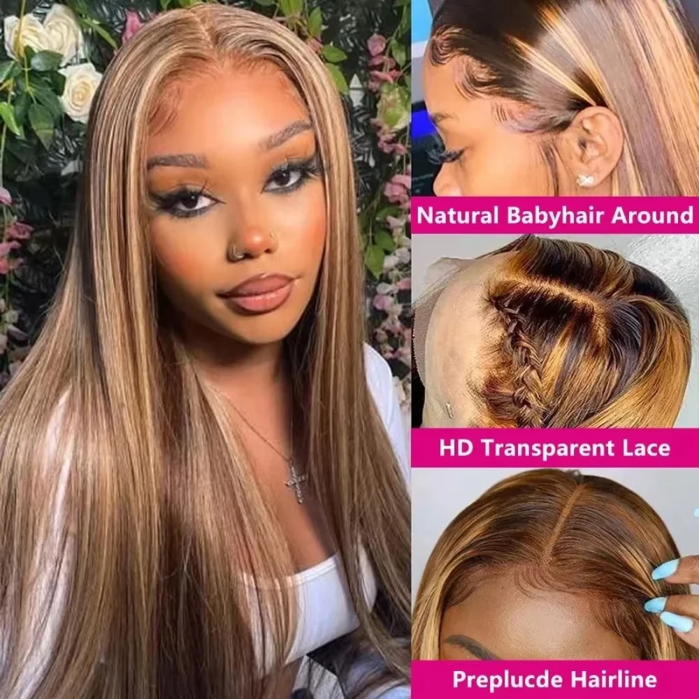 P4/27 Highlight Straight 13x6 HD Lace Frontal Wig P4/27 Straight 200 Density 52 Inch Human Hair Pre Plucked Wigs For Women