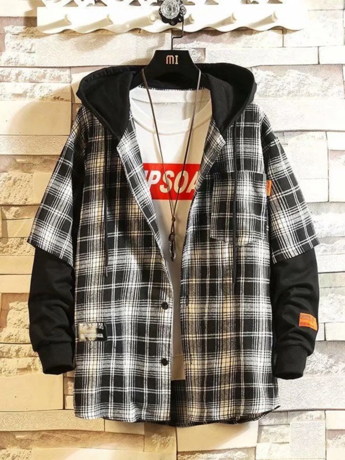 

Trendy Plaid Long Sleeve Men's Shirt with Hood Patchwork Splicing Spring Autumn Youth Fashion Outerwear Casual Business