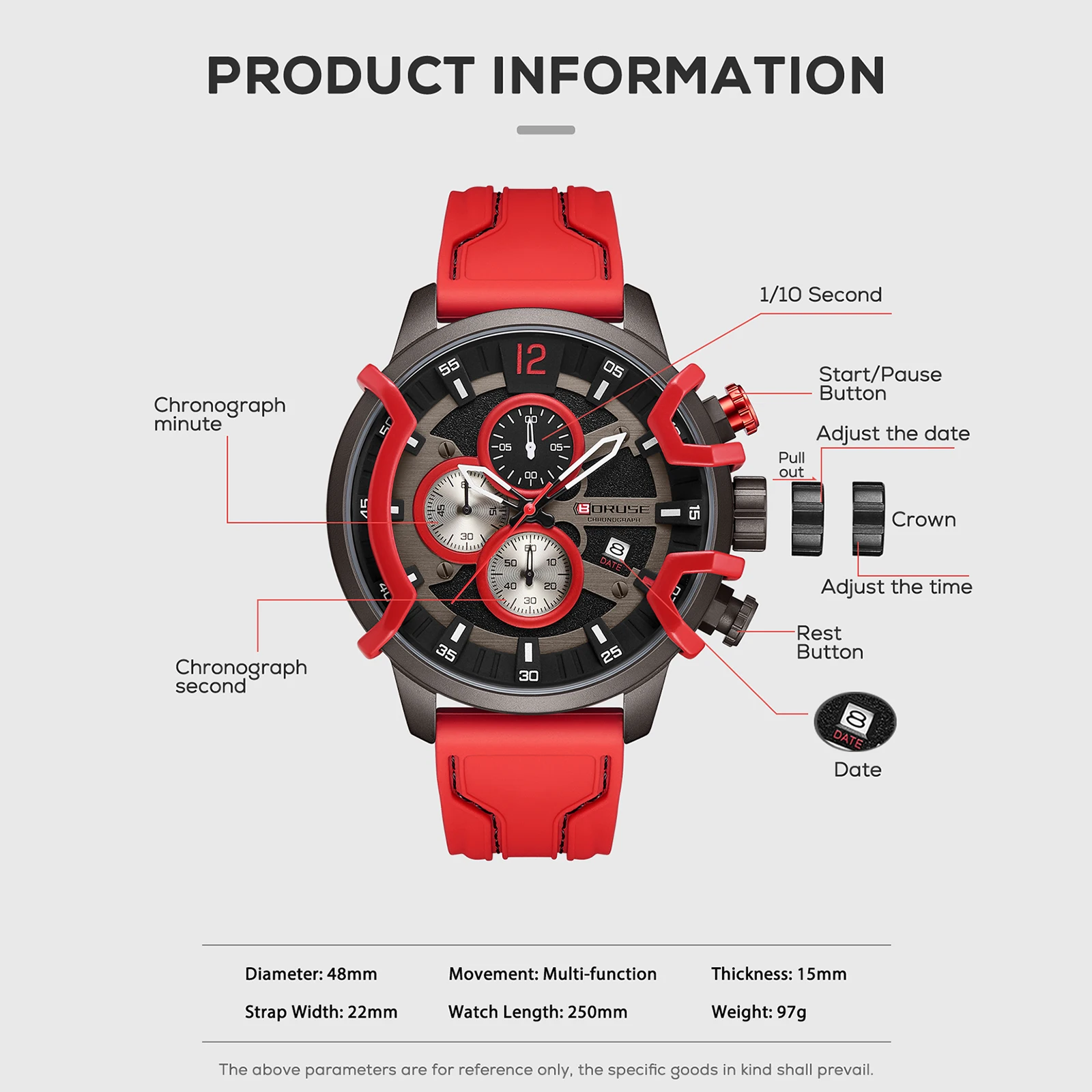 BORUSE Men\'s Red Chronograph Watch Luxury Business Quartz Wristwatch Silicone Strap Calendar Waterproof Watch Relogio Masculino