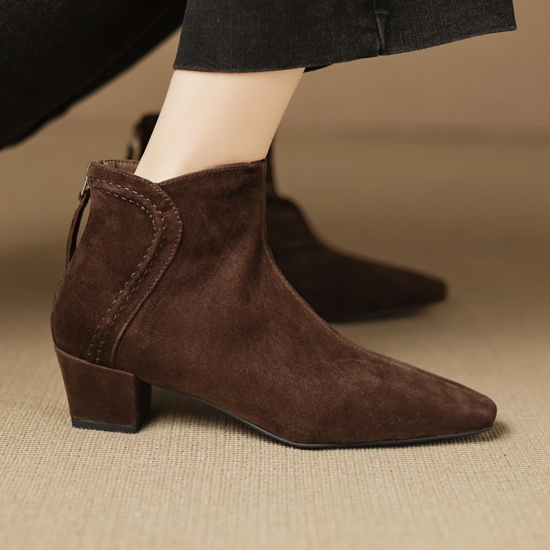 

Women's natural suede leather square toe back zip autumn ankle boots elegant ladies 4.5c thick med heel daily slim short booties