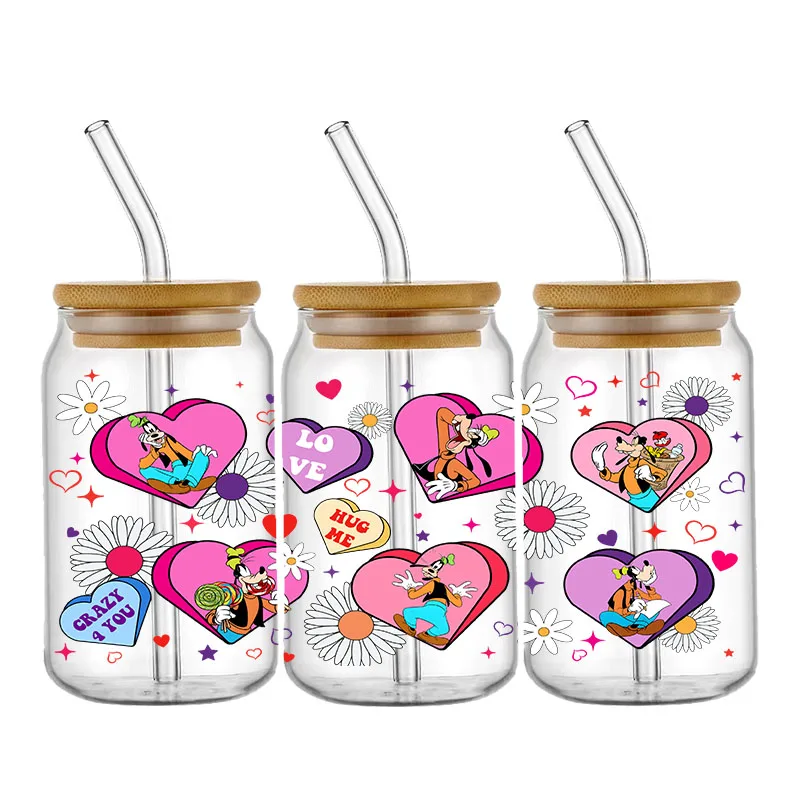 Valentine's Day Stickers UV DTF Cup Wrap Disney Mickey Minnie Princess For 16oz Libbey Glass Can DIY Transfer Sticker Waterproof