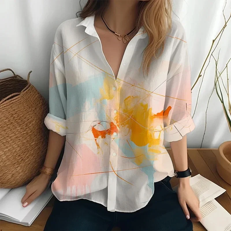 2024 New Business Women\'s Shirt Long Sleeve Solid Color Printed Collar Pocket Daily Beach Vacation Comfortable Top