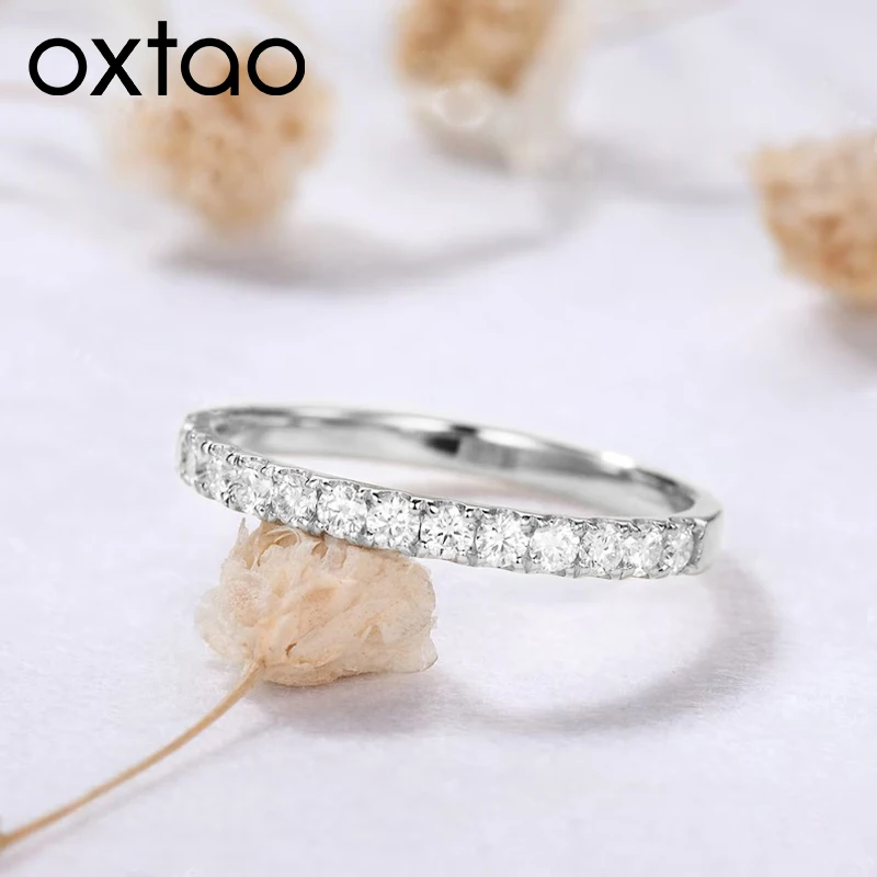 OXTAO Minimalist Thin Rings Stackable for Women Wedding Moissanite Half Eternity Band Ring Anniversary Gift Finger Ring Jewelry