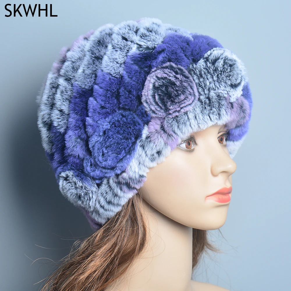 Women Winter Hats Real Fur Floral Natural Rex Rabbit Fluffy Warm Fashion Russian Knitted Outdoor Warm Headwear Real Fur Beanies