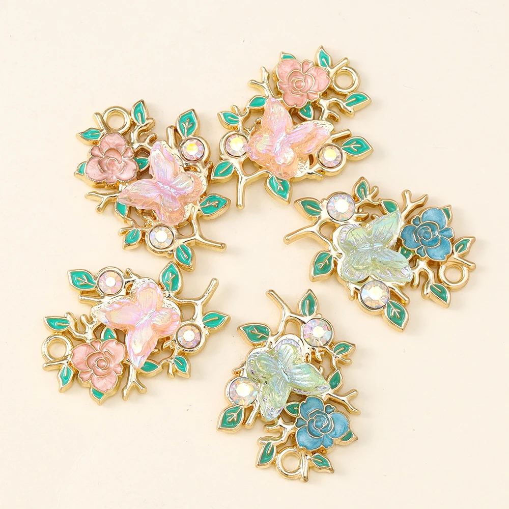 10pcs/lot 20*25mm Enamel Exquisite Crystal Floral Butterfly Charms for Jewelry Making DIY Necklace Pendants Earrings Accessories