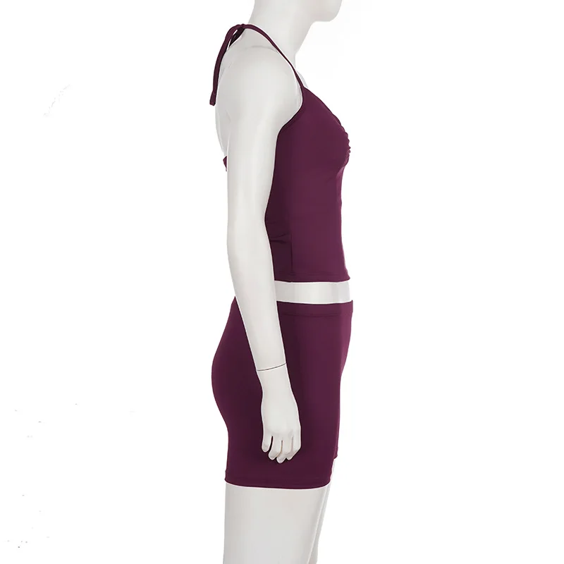 Sporty Fitness Breathable Elastic Yoga Set Hanging Neck Strap Top +Shorts Solid Color Basic Casual Two Piece Set for Women