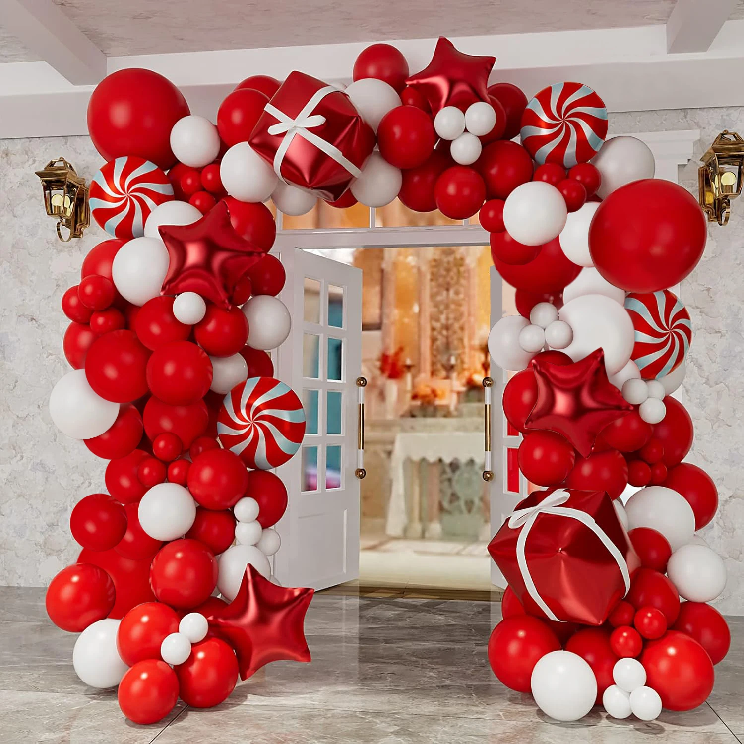 

Рождественский венок из воздушных шаров с рождественским красно-белым воздушным шаром, подарочная коробка для конфет, воздушный шар, украшение для рождественской вечеринки