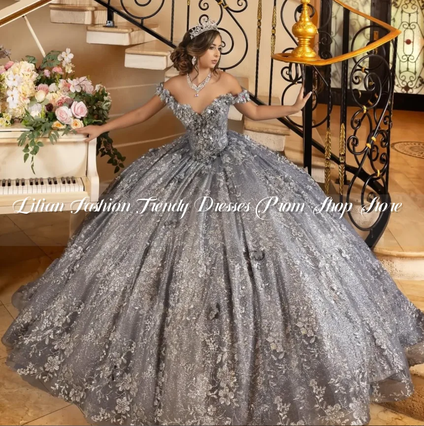 

Silver Gray Princess Quinceanera Dresses Luxury Off Shoulder3D Floral Appliques Beaded Mexico 15 Dress платье на выпускной