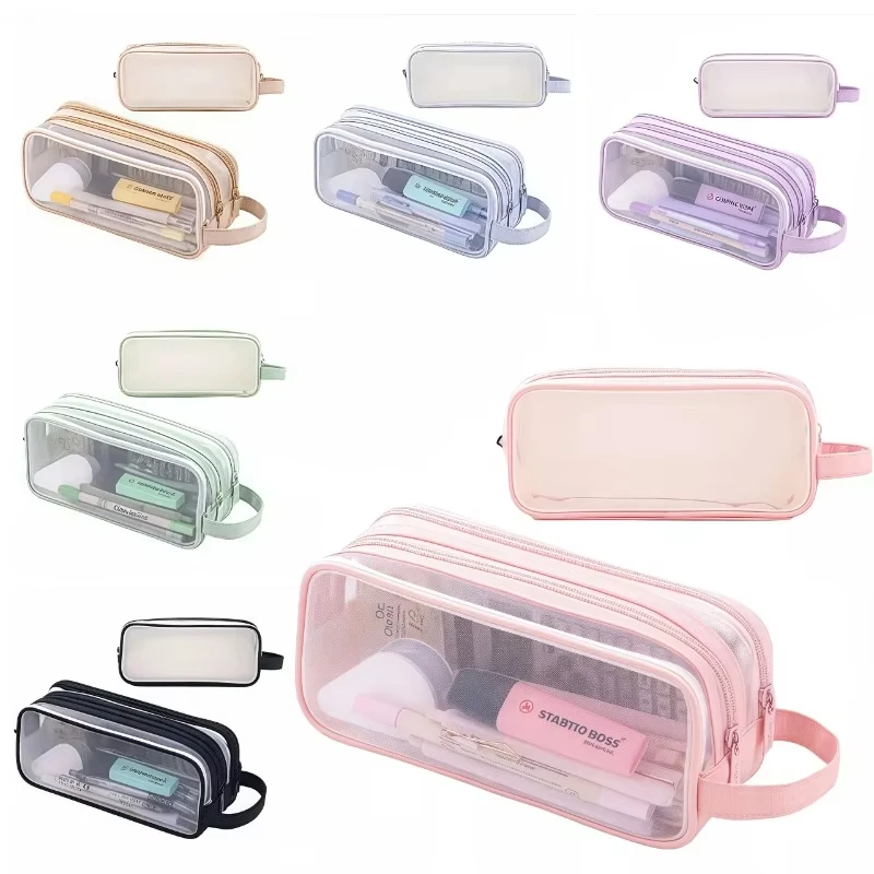 

Прозрачная сетчатая сумка для ручек для переноски студенческих экзаменов, большая емкость для хранения канцелярских принадлежностей, простой дизайн, чехол для ручек