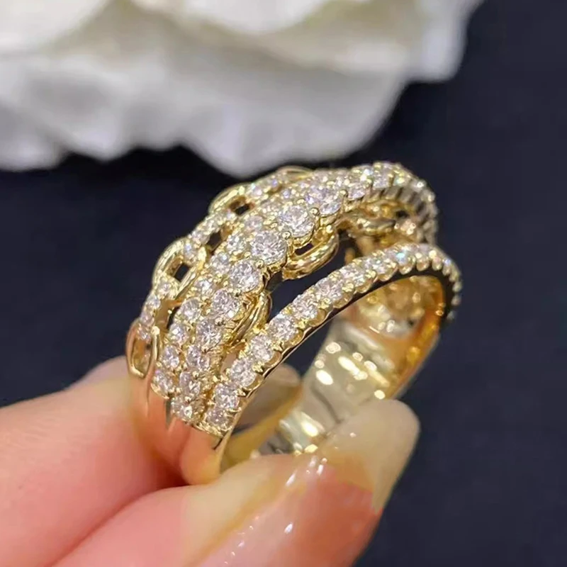 Huitan Fashion Multi Layered Design Ring Female Luxury Gold Color Wide Finger Jewelry with Bright Zirconia Chain Accessories