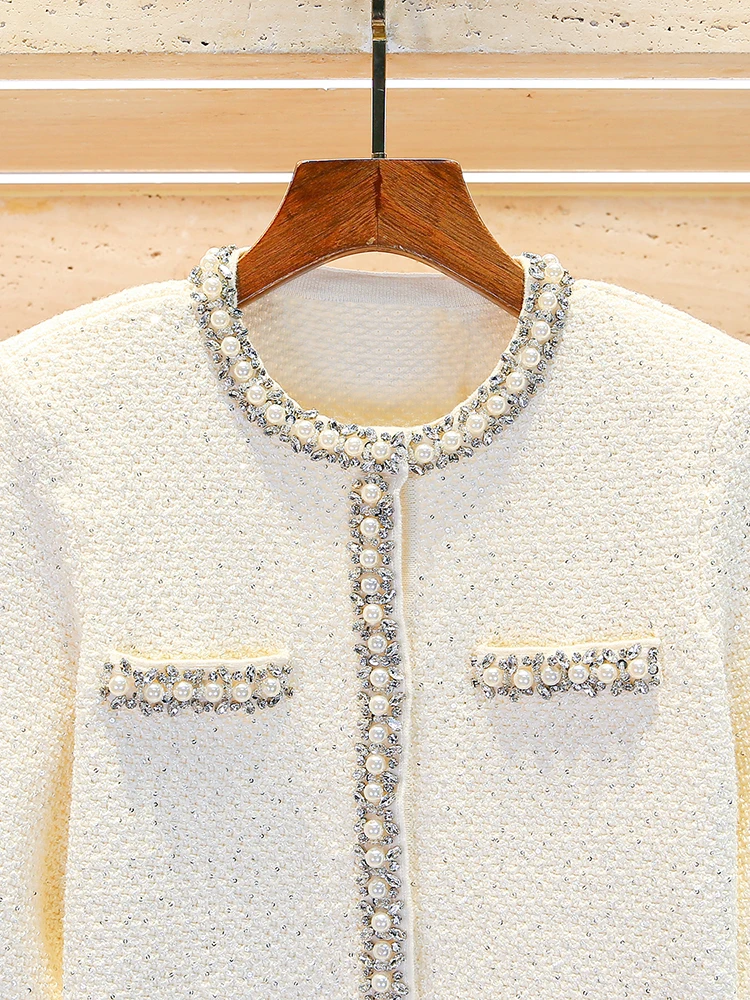 

Luxury Knitted Heavy Embellied Open Cardigan Outerwear for Women in Autumn Winter Ele Pearl Design Loose Fit Sle